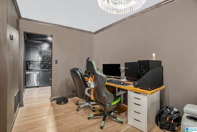 office with ornamental molding and light wood-type flooring