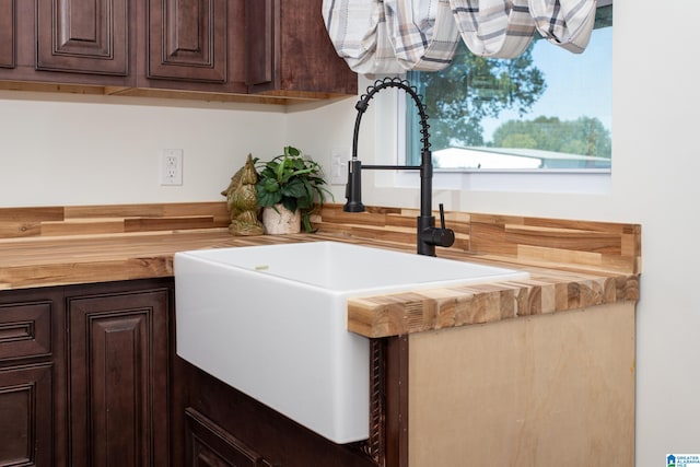 room details featuring dark brown cabinets and sink