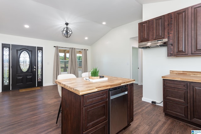 kitchen with butcher block countertops, vaulted ceiling, and dark hardwood / wood-style floors