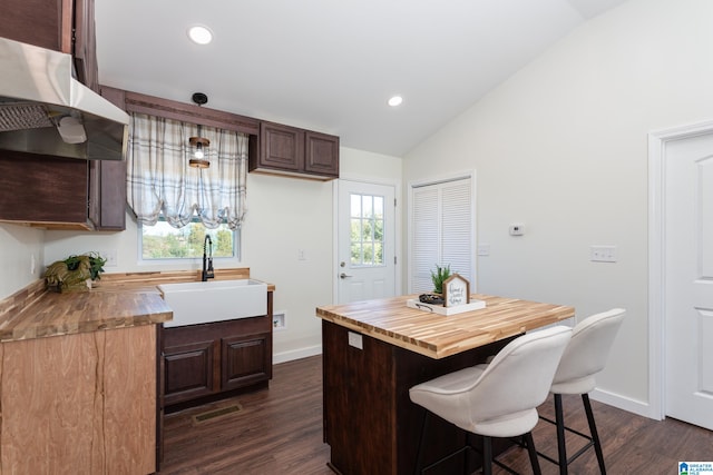 kitchen with butcher block countertops, lofted ceiling, sink, and a wealth of natural light