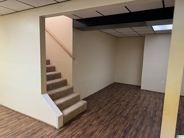 basement featuring a paneled ceiling and dark wood-type flooring