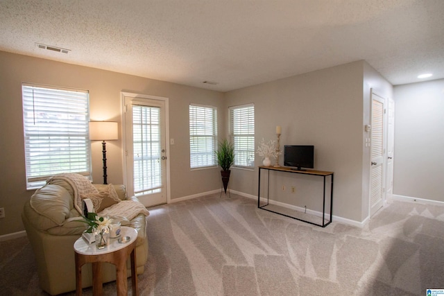 living area featuring light carpet, a textured ceiling, and a healthy amount of sunlight