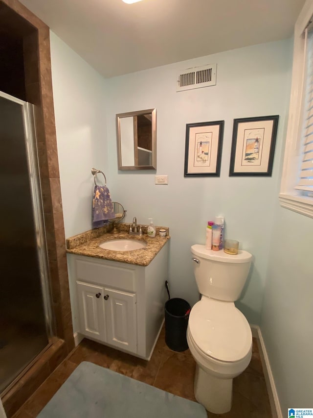 bathroom with vanity, a stall shower, tile patterned flooring, toilet, and visible vents