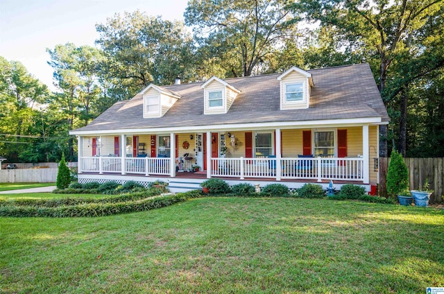 cape cod-style house featuring covered porch and a front yard