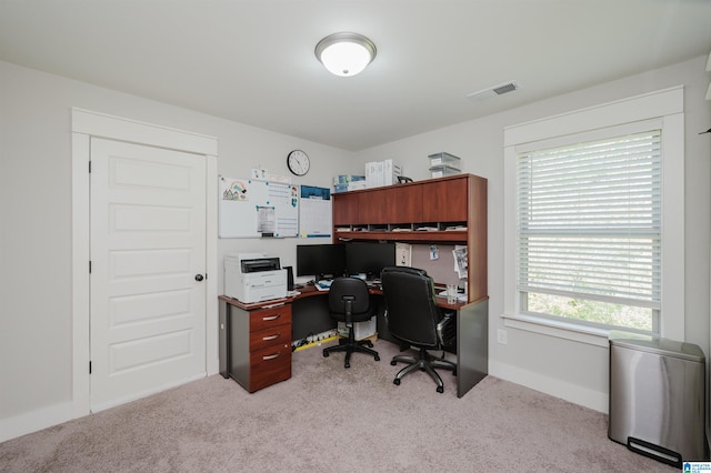 office area featuring light carpet