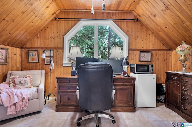 office area featuring wood ceiling, wood walls, and high vaulted ceiling