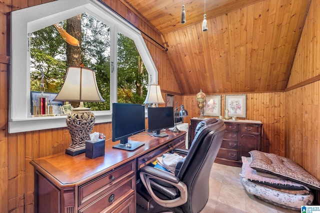 home office featuring lofted ceiling, wood walls, and wooden ceiling