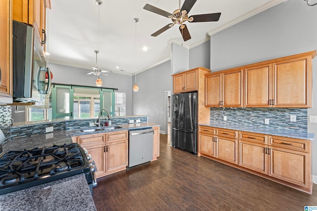 kitchen with dark stone countertops, sink, appliances with stainless steel finishes, and dark wood-type flooring