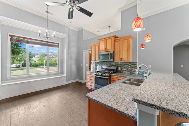 kitchen with light stone countertops, stainless steel appliances, light hardwood / wood-style floors, and sink