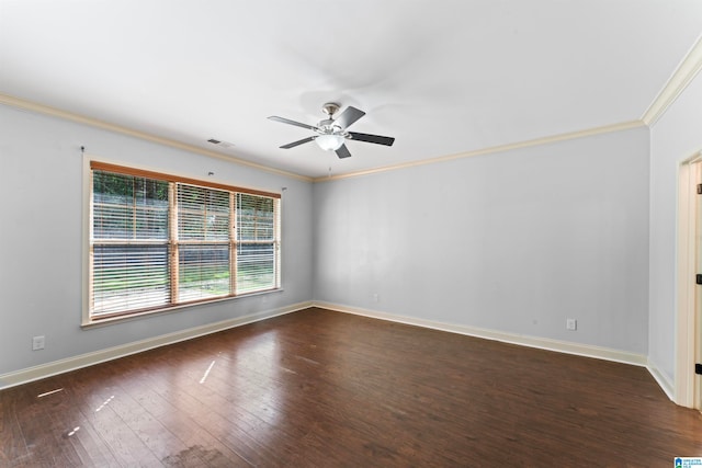 unfurnished room with ornamental molding, dark hardwood / wood-style floors, and ceiling fan