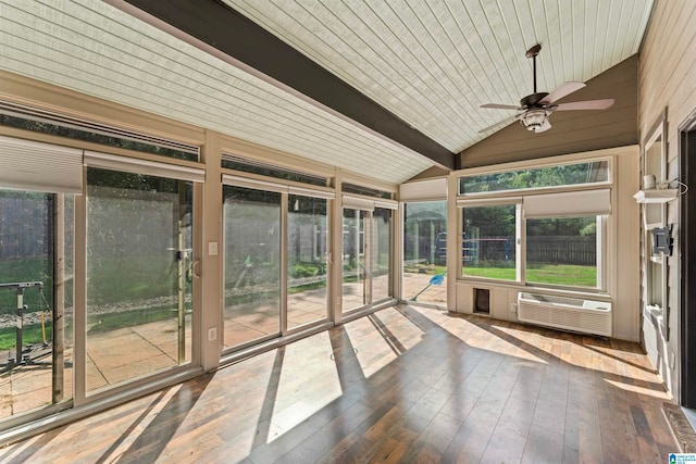 unfurnished sunroom with wood ceiling, cooling unit, vaulted ceiling with beams, and ceiling fan