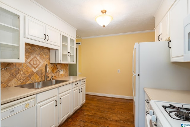 kitchen with white appliances, sink, white cabinets, and dark hardwood / wood-style flooring