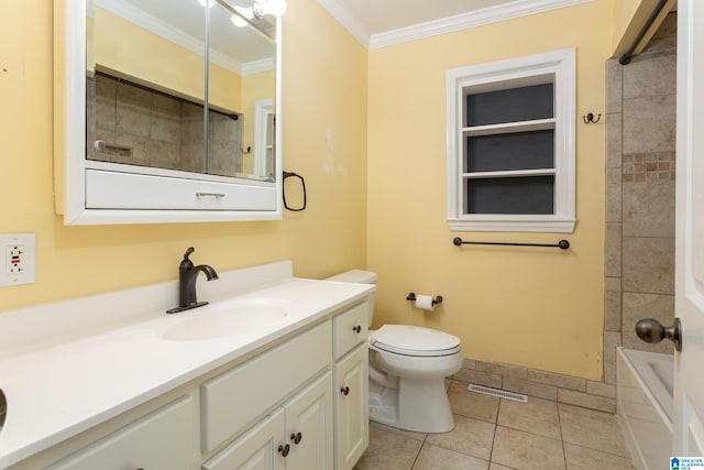 bathroom featuring ornamental molding, tile patterned flooring, vanity, and toilet