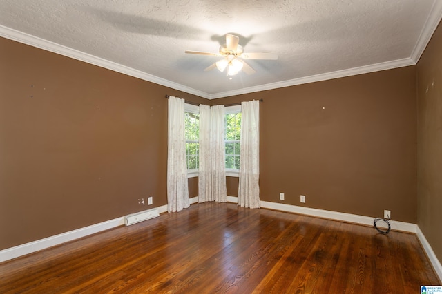 spare room with ornamental molding, a textured ceiling, ceiling fan, and dark hardwood / wood-style flooring