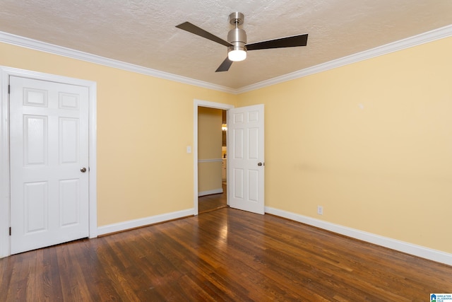 interior space featuring a textured ceiling, crown molding, dark hardwood / wood-style flooring, and ceiling fan