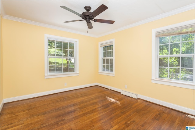 unfurnished room with ceiling fan, crown molding, and hardwood / wood-style floors