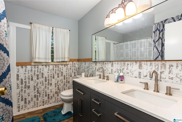 bathroom with vanity, plenty of natural light, toilet, and hardwood / wood-style flooring