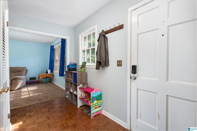 mudroom with dark parquet floors