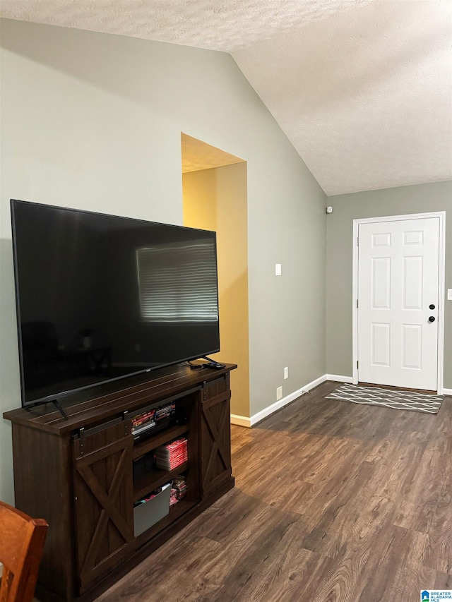 living room featuring lofted ceiling, a textured ceiling, and dark hardwood / wood-style flooring