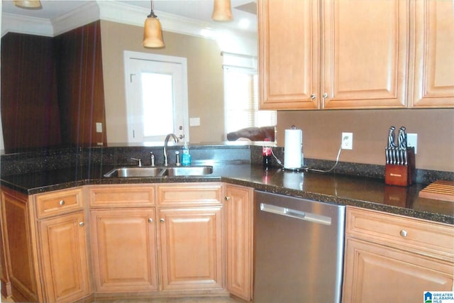 kitchen with pendant lighting, dishwasher, sink, and ornamental molding