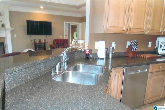 kitchen with stainless steel dishwasher, sink, and kitchen peninsula