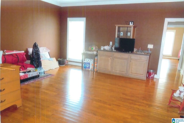 interior space with light wood-type flooring and crown molding