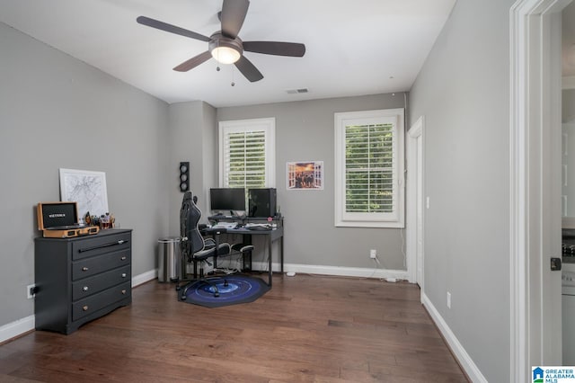 office with ceiling fan and dark wood-type flooring