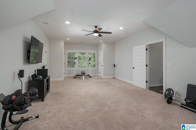 exercise area featuring carpet flooring and ceiling fan