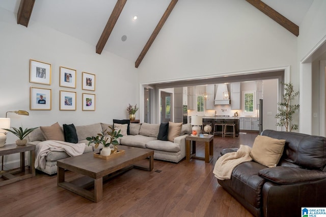 living room with beamed ceiling, dark hardwood / wood-style floors, and high vaulted ceiling