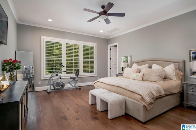 bedroom featuring ceiling fan, crown molding, and dark hardwood / wood-style floors