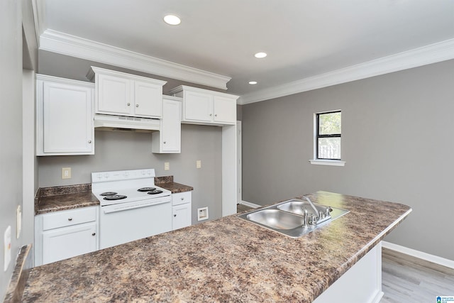 kitchen featuring light hardwood / wood-style floors, white range with electric stovetop, sink, ornamental molding, and white cabinets