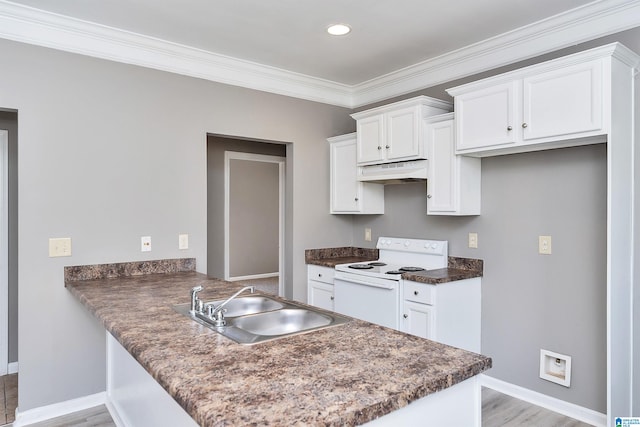 kitchen featuring sink, kitchen peninsula, white cabinetry, ornamental molding, and white range with electric cooktop