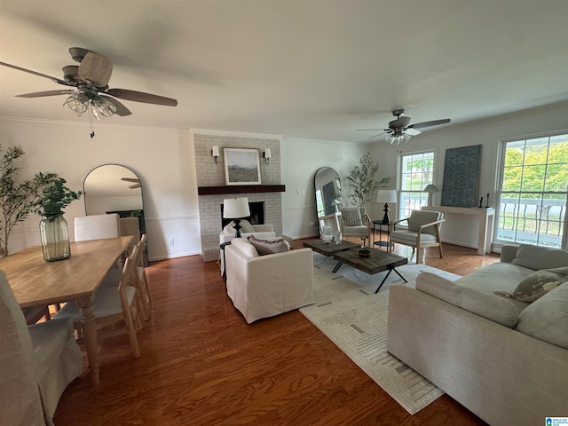 living room featuring crown molding, a fireplace, dark hardwood / wood-style floors, and ceiling fan