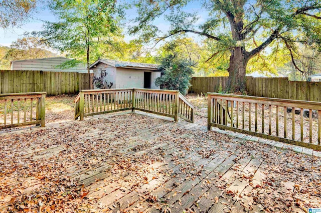 deck with a storage shed