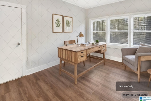 home office with hardwood / wood-style flooring and tile walls