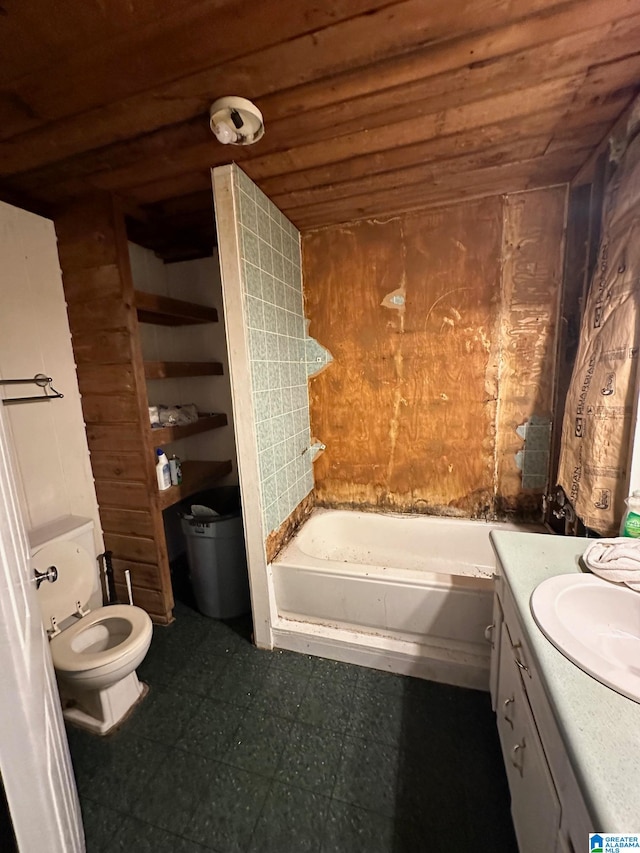 bathroom with wooden walls, wood ceiling, vanity, and toilet