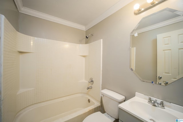 full bathroom with vanity, bathing tub / shower combination, toilet, and crown molding