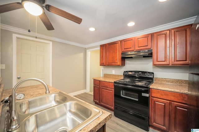 kitchen with black electric range, light wood-type flooring, crown molding, and sink