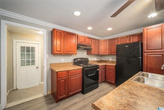 kitchen with light hardwood / wood-style floors, crown molding, sink, and black appliances