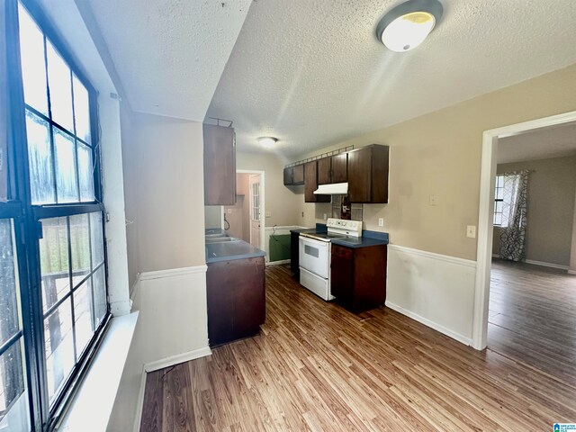 kitchen with dark brown cabinetry, a textured ceiling, light hardwood / wood-style flooring, and white electric stove