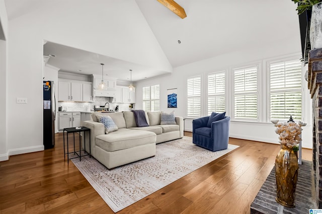 living room with high vaulted ceiling, wood-type flooring, a healthy amount of sunlight, and sink