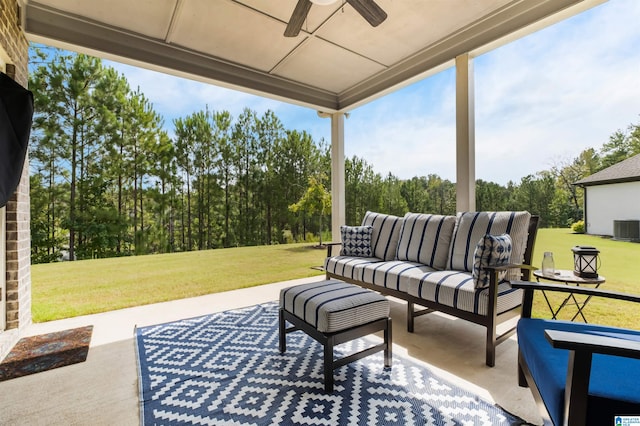 view of patio / terrace with an outdoor hangout area, ceiling fan, and central air condition unit