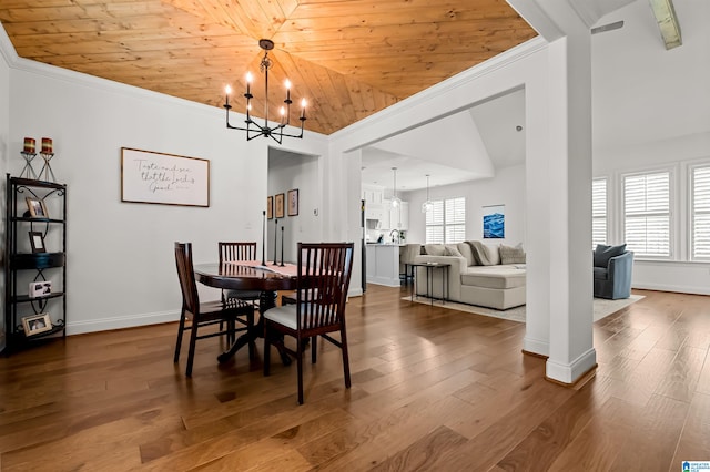 dining space with wood-type flooring, a wealth of natural light, and wooden ceiling