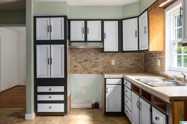 kitchen with light hardwood / wood-style flooring, backsplash, sink, and extractor fan