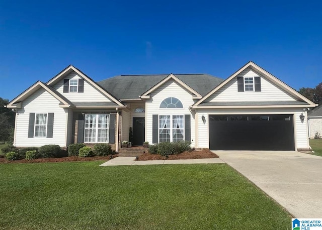 ranch-style house with a front yard and a garage