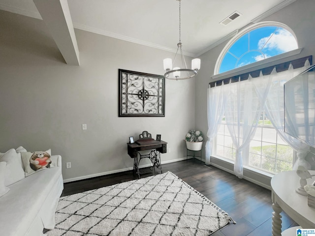 bedroom featuring ornamental molding, multiple windows, an inviting chandelier, and dark hardwood / wood-style flooring