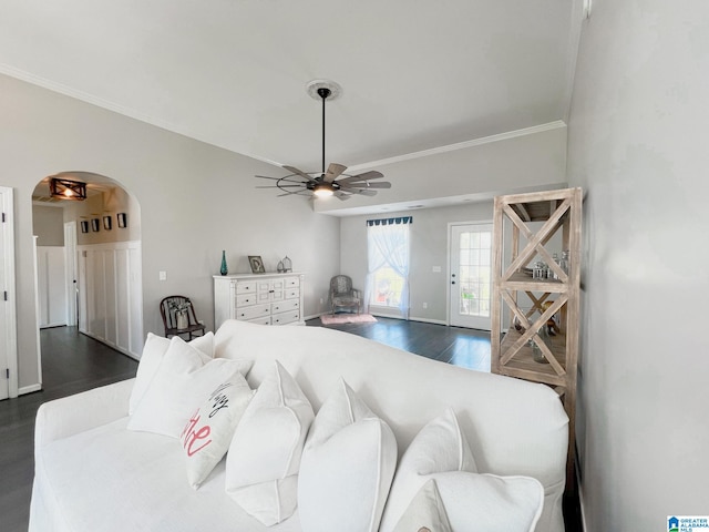 bedroom with ceiling fan, crown molding, access to outside, and dark hardwood / wood-style flooring