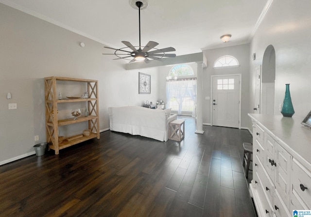 bedroom with ceiling fan, dark hardwood / wood-style floors, and crown molding