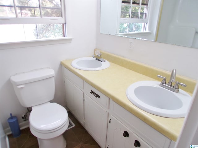 bathroom with vanity, toilet, and tile patterned floors