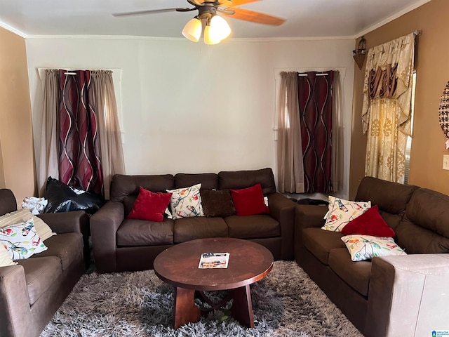 living room featuring ceiling fan and ornamental molding